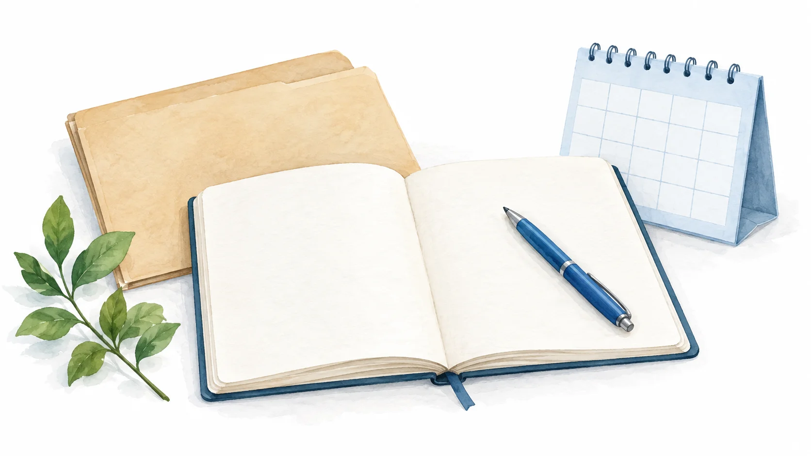 An open notebook and blue pen beside a calendar and folder, ready for visit notes.