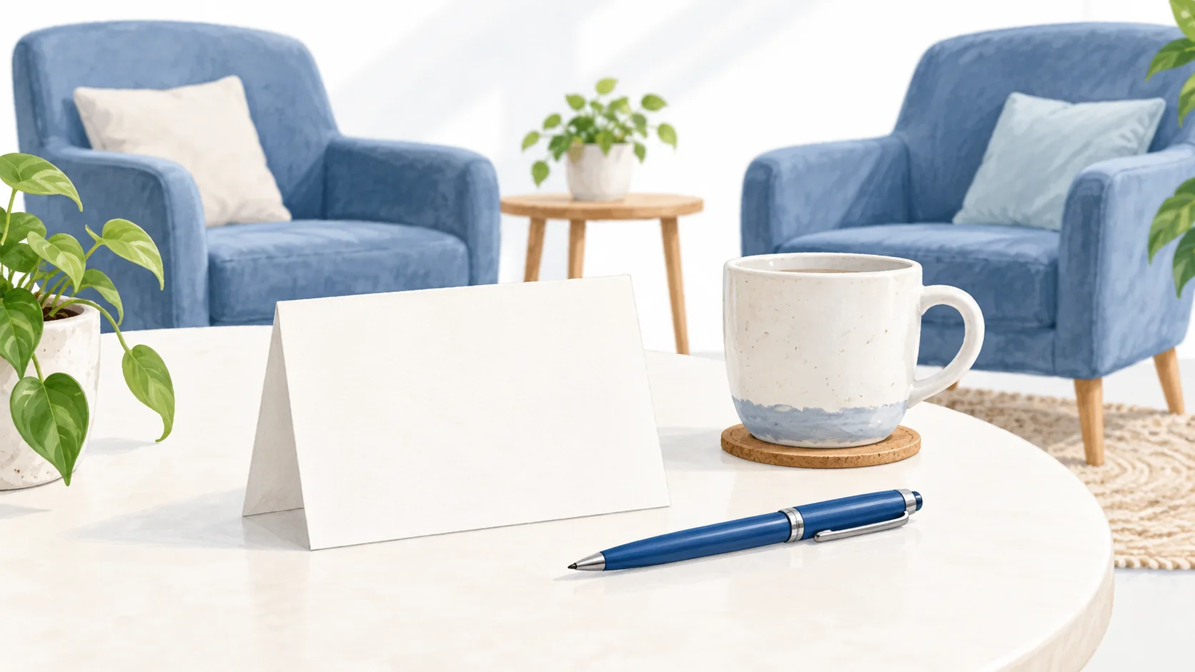 A blank note card and pen on a table, with two empty chairs behind it.