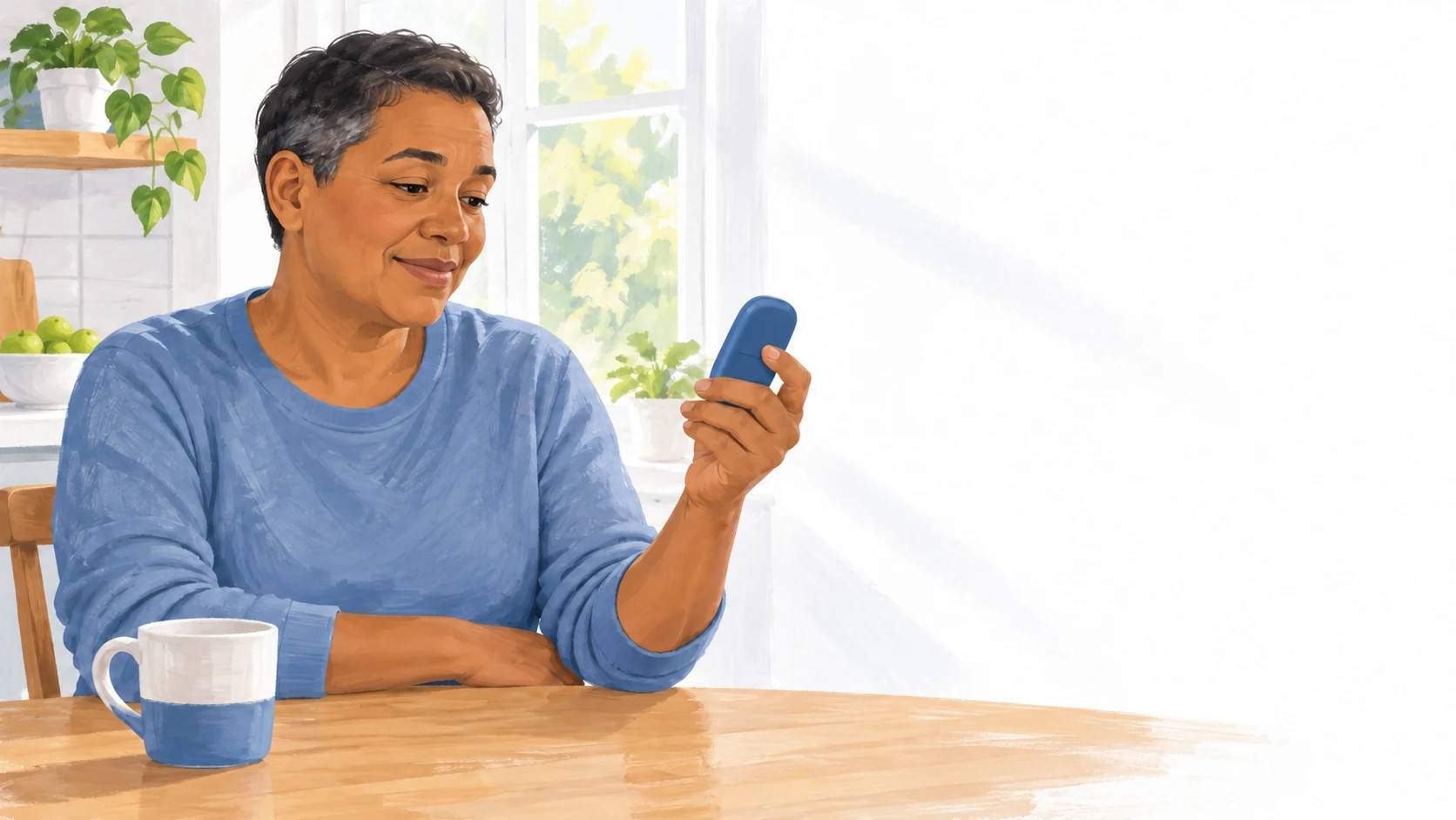 Illustration of an adult looking at a glucose meter by a bright window, with the back of the meter facing the viewer.