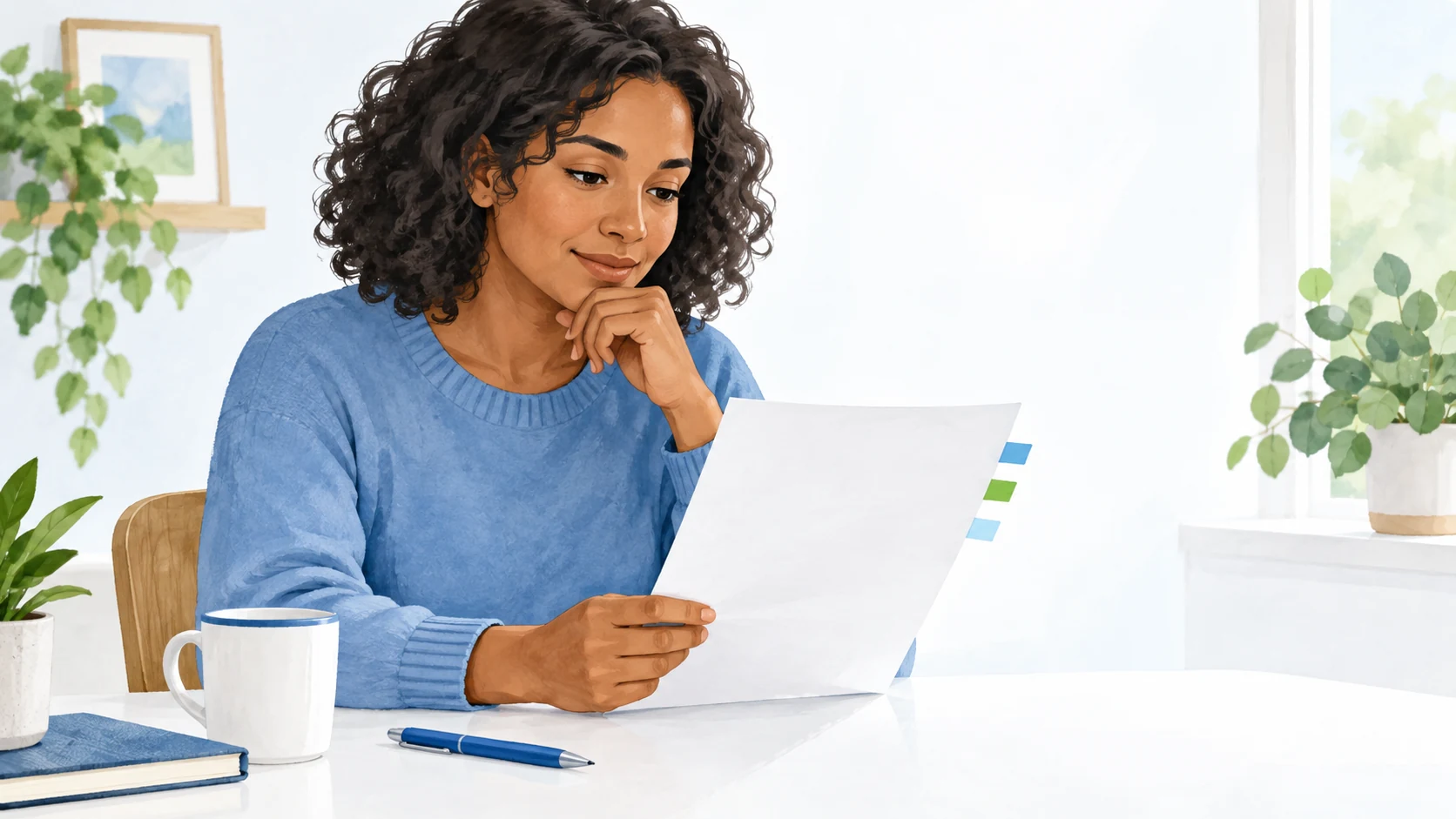 Illustrated adult in a blue sweater reading a blank sheet with three colored tabs at a table.