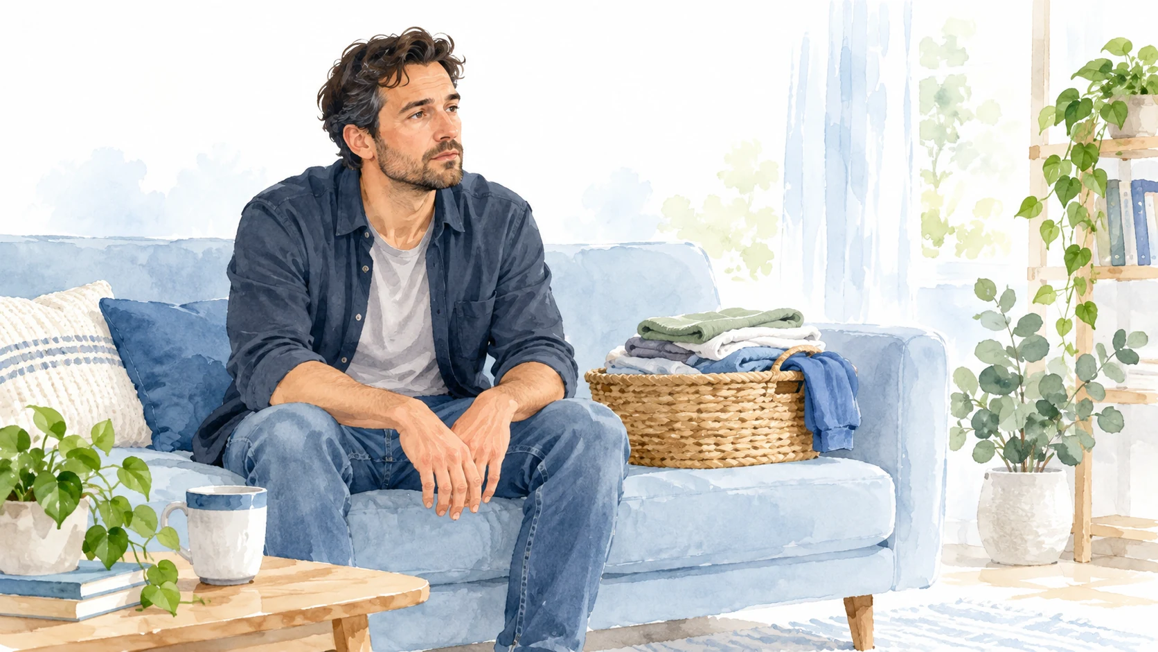 Watercolor illustration of an adult pausing on a sofa beside a basket of folded laundry.