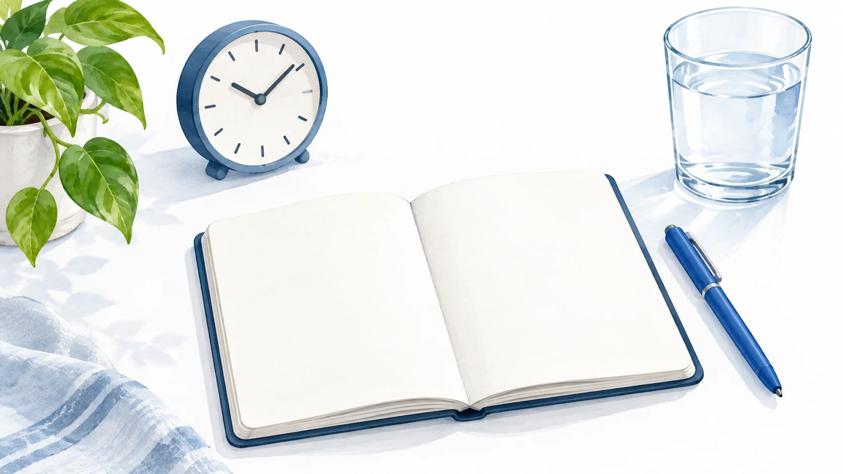 Painted illustration of an open blank notebook and blue pen beside a clock, water glass and green plant.