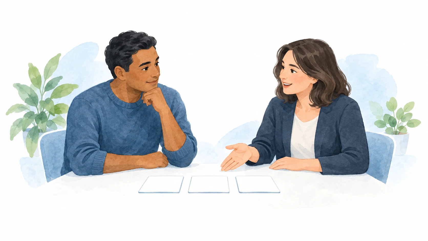 Two illustrated adults discussing three blank cards at a table.