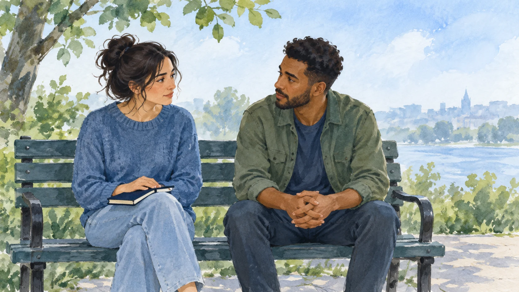 Watercolor illustration of two adults talking quietly on a park bench, one with a notebook on their lap.