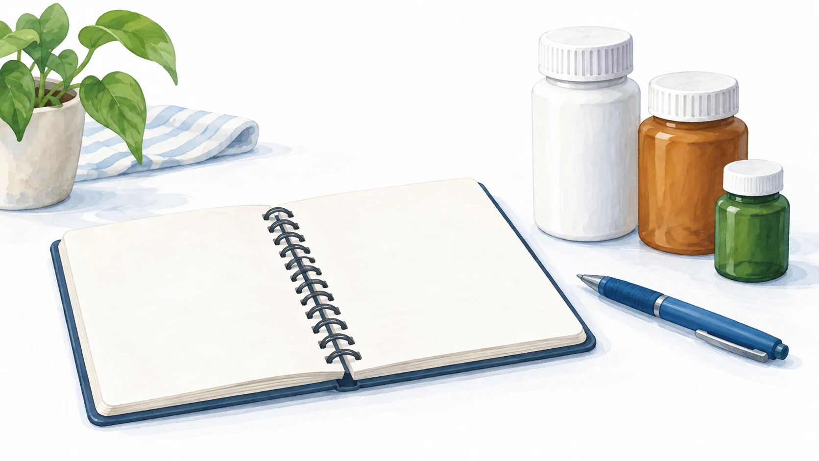 Illustrated blank notebook and blue pen beside three closed, unlabeled medicine containers.
