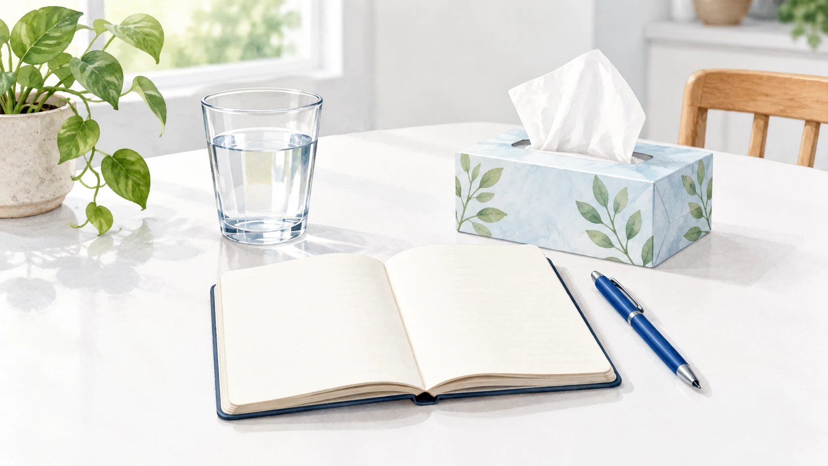 Illustrated blank notebook and blue pen beside a glass of water and tissue box on a white table.