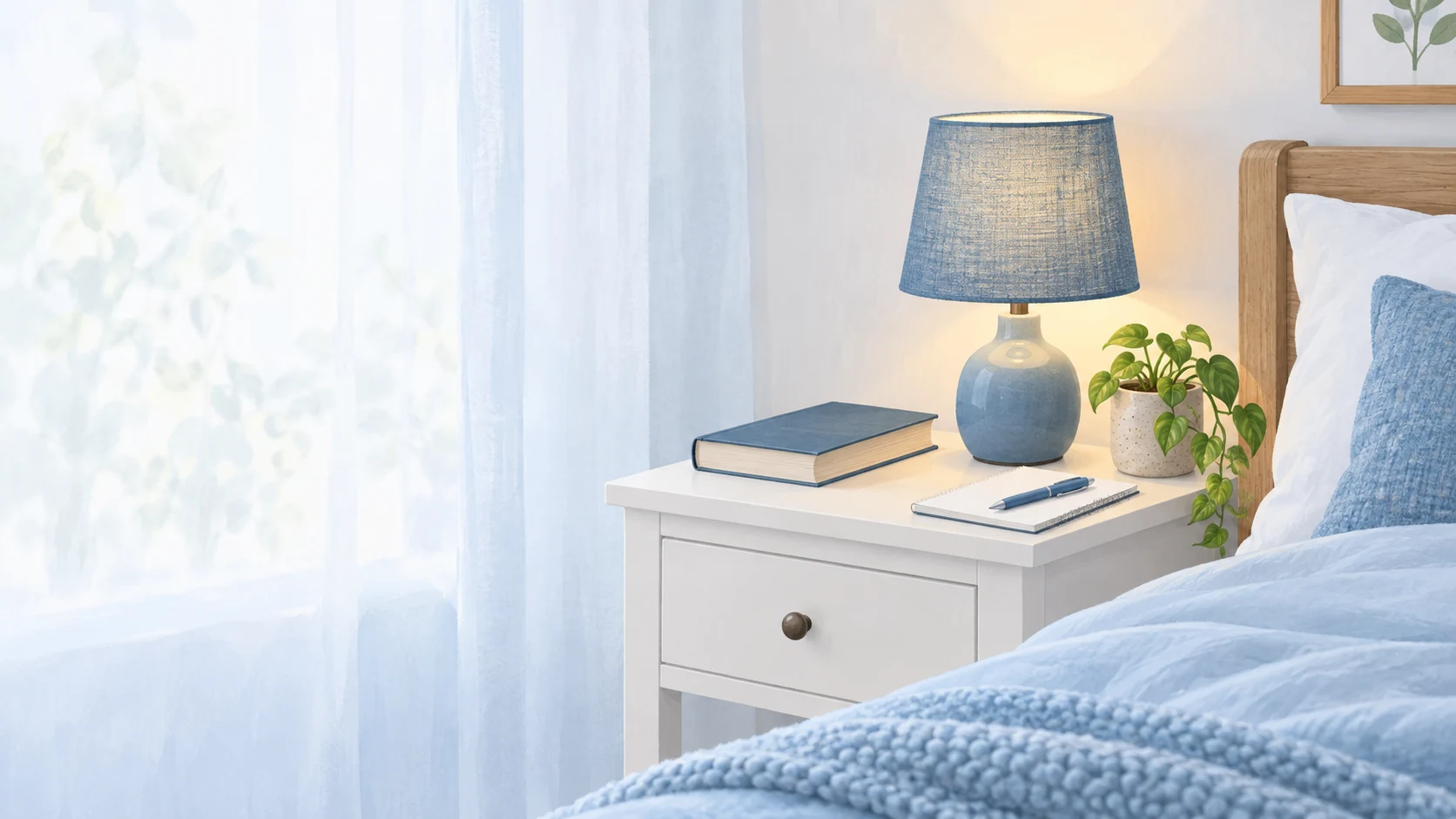 Illustrated bedside table with a blue lamp, closed book, blank notebook and pen beside a pale blue bed.