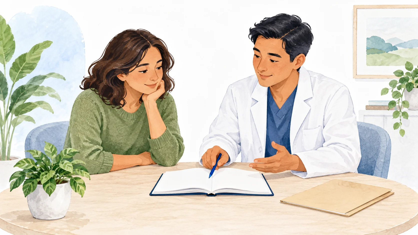 An illustrated adult patient and clinician discussing a blank notebook at a consultation table.