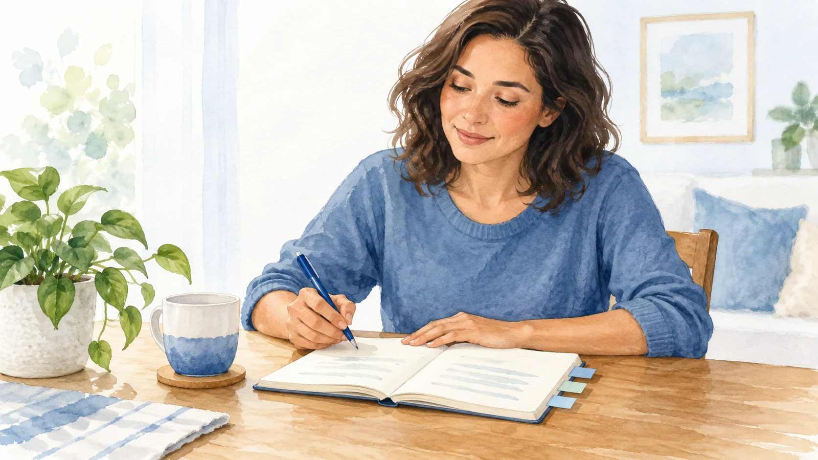 Watercolor illustration of an adult writing questions in a notebook at a home table.