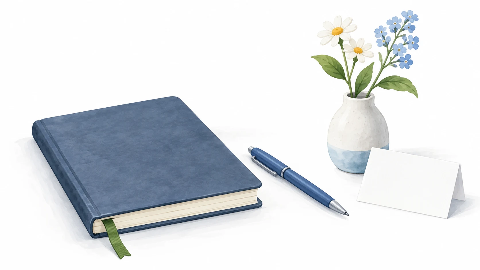 Painted blue journal with a green bookmark beside a pen, blank card and vase of flowers.
